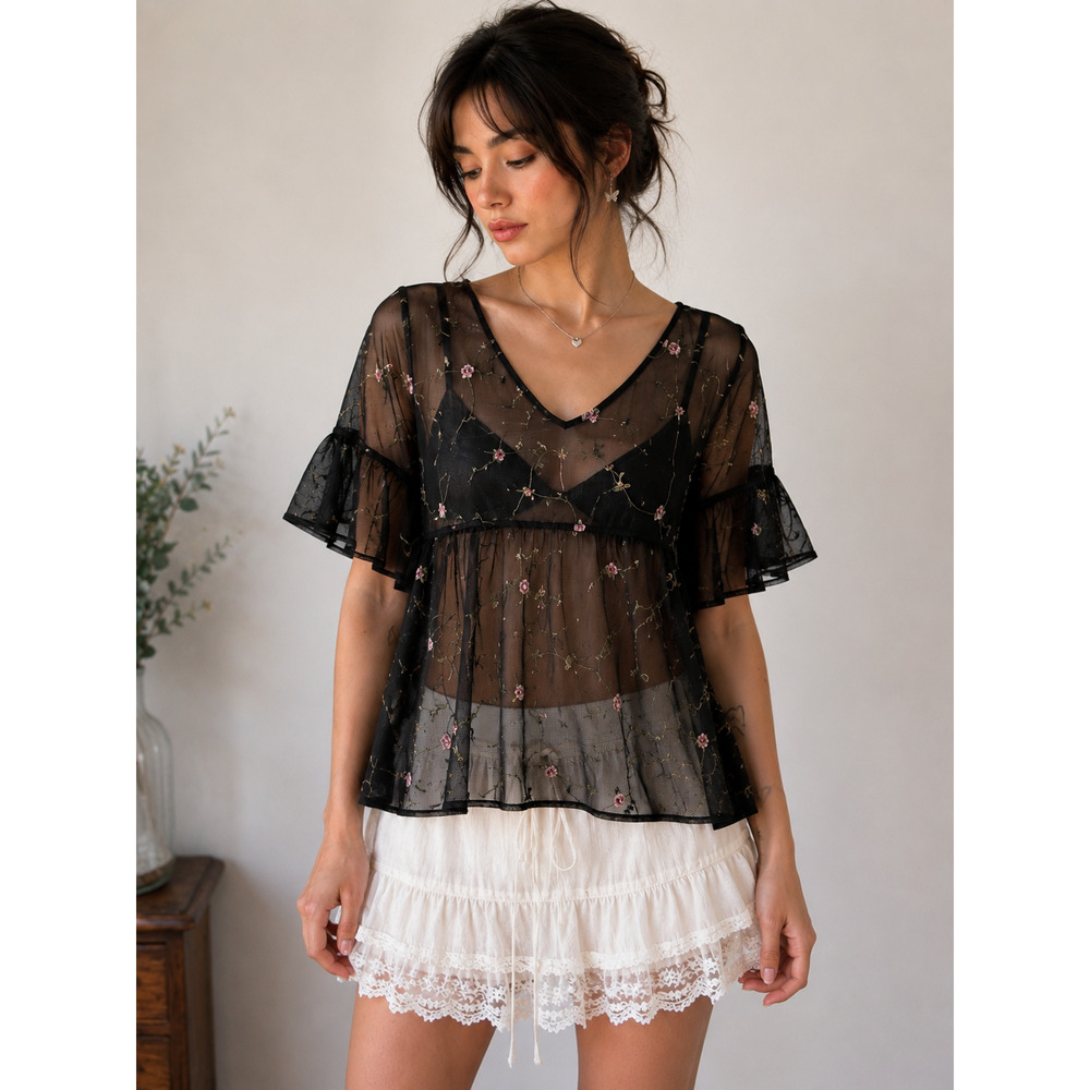 Black Sheer Embroidered Mesh Top Romantic Fairycore Boho Babydoll Blouse Medium